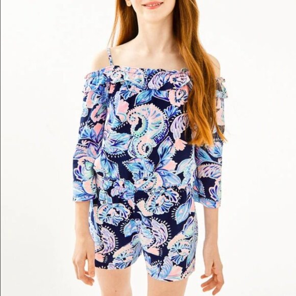 Lilly Pulitzer Romper Girls XL 12 14 Blue Pink Paisley Ruffle Off Shoulder Beach - Picture 13 of 13